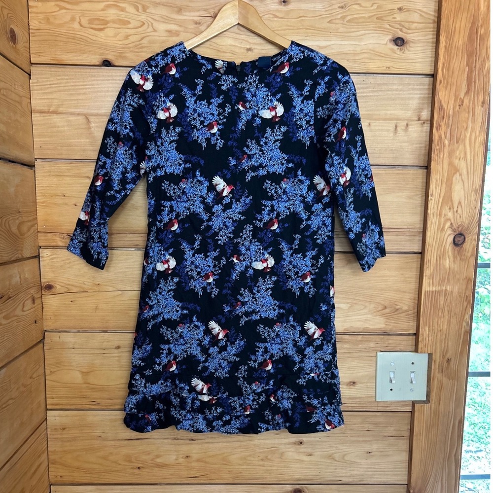 Floral Bird Print Shift Girls Size Extra Large Blue Ruffle Cotton Dress Gap Kids